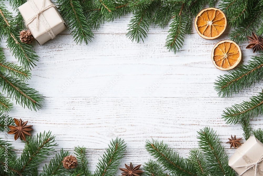 Christmas background with fir branches, pinecones, gift box, dried oranges, star anise and berries on the old white wooden board. Top view. Christmas background with fir branches, pinecones, gift box, dried oranges, star anise and berries on the old white wooden board. Top view.