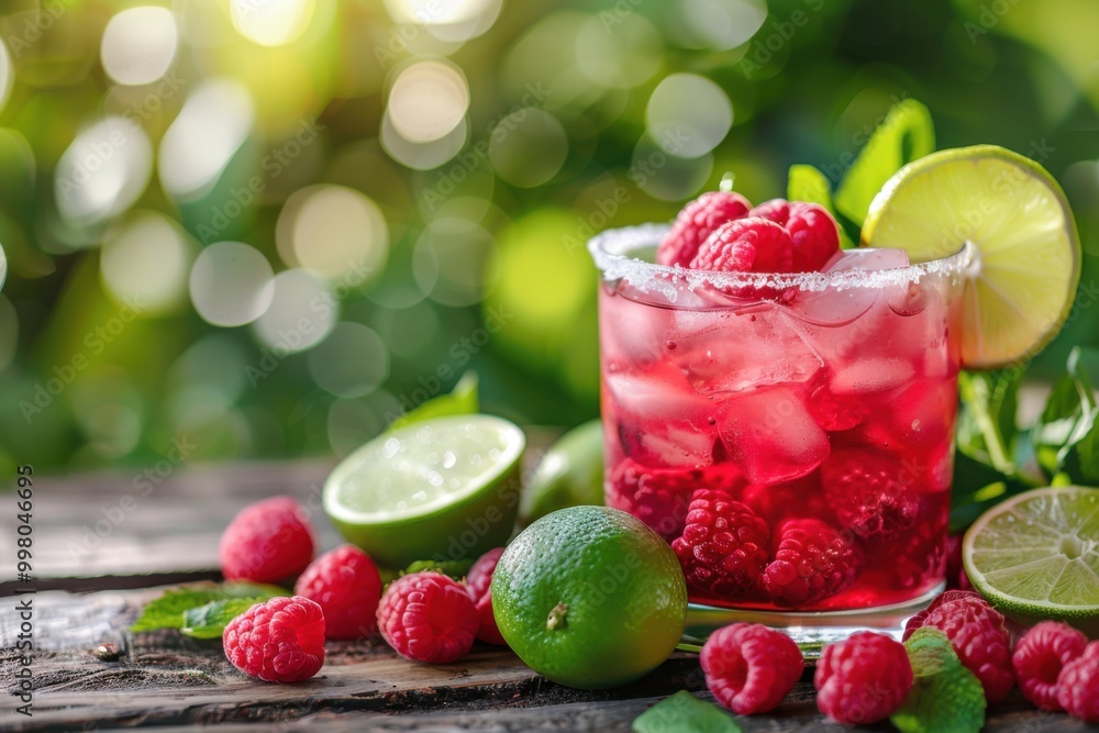 Raspberry Margarita with raspberries and lime, served in a highball glass, garden party background Raspberry Margarita with raspberries and lime, served in a highball glass, garden party background