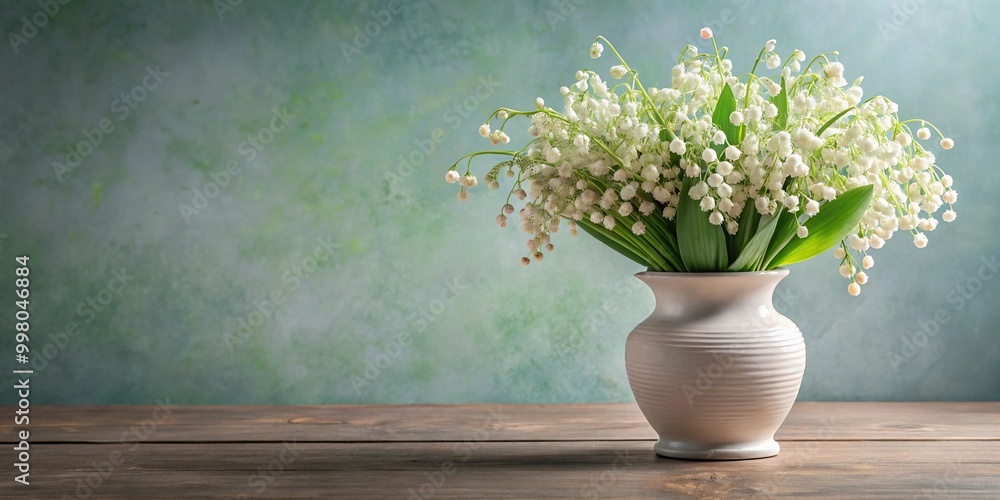 Floral arrangement of lilies of the valley in ceramic vase on table Floral arrangement of lilies of the valley in ceramic vase on table