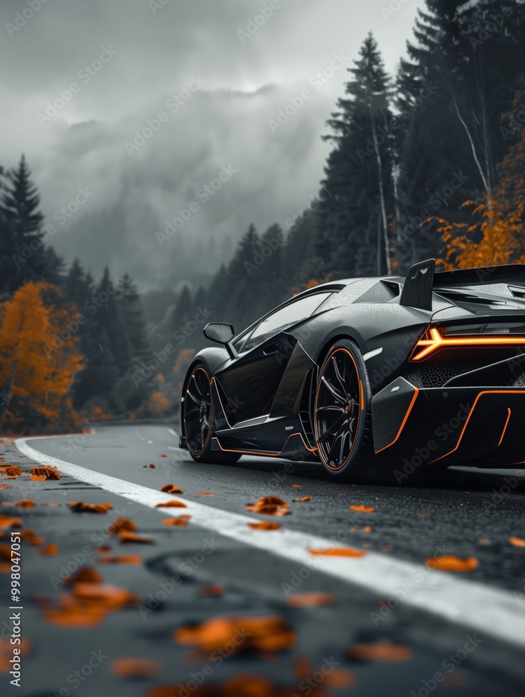 Black Supercar on Mountain Road with Autumn Leaves