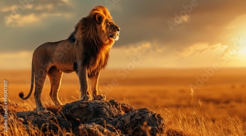 Lion Watching the Sunrise on African Plains