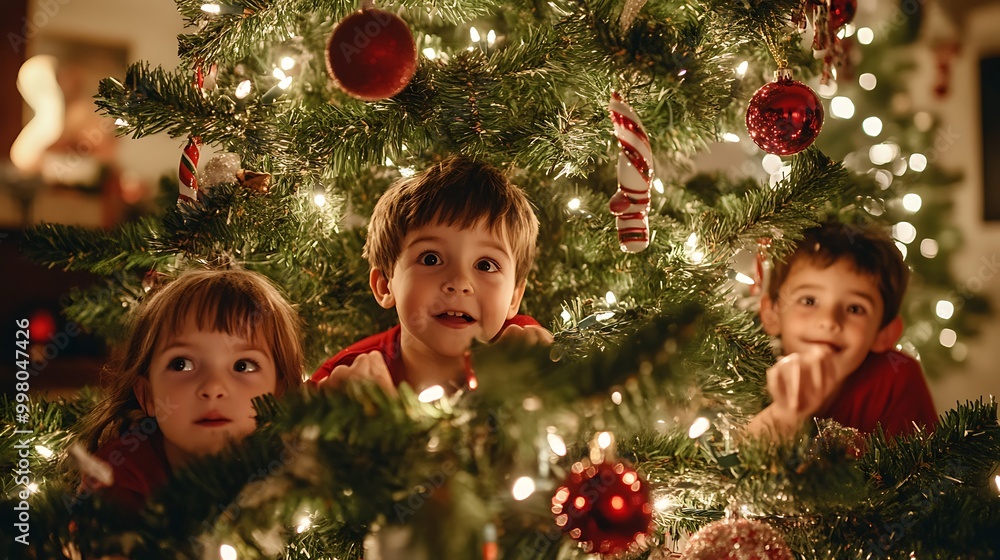 Kids playing hide and seek around a grand Christmas tree Kids playing hide and seek around a grand Christmas tree