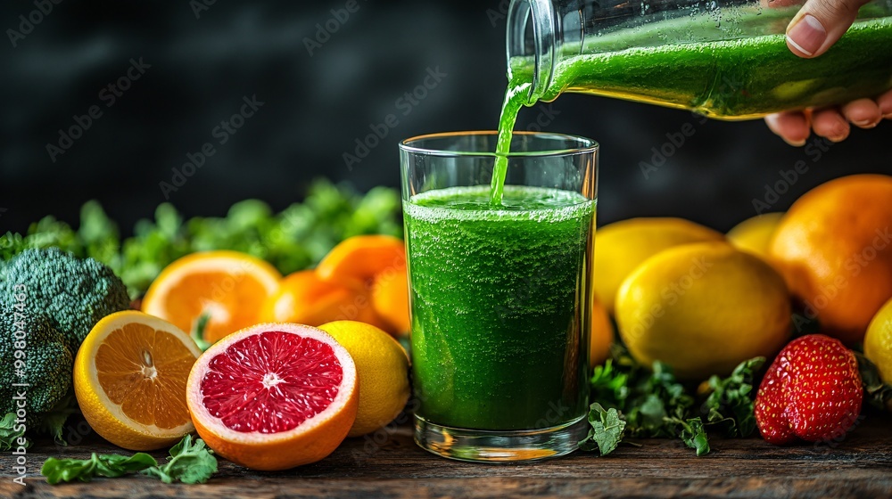 A person pouring fresh green smoothie into a glass on a wooden kitchen counter surrounded by fresh fruits and vegetables representing healthy eating choices Large space for text in center Stock Photo A person pouring fresh green smoothie into a glass on a wooden kitchen counter surrounded by fresh fruits and vegetables representing healthy eating choices Large space for text in center Stock Photo