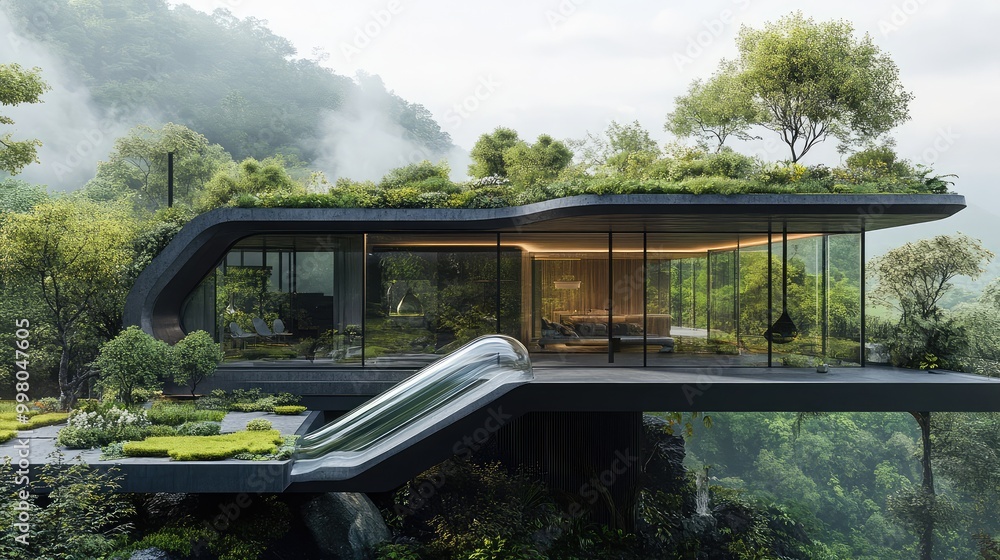 Futuristic minimalist house with rooftop garden, transparent oxygen tubes enhancing air quality, large windows, and a tech-enhanced nature display Futuristic minimalist house with rooftop garden, transparent oxygen tubes enhancing air quality, large windows, and a tech-enhanced nature display