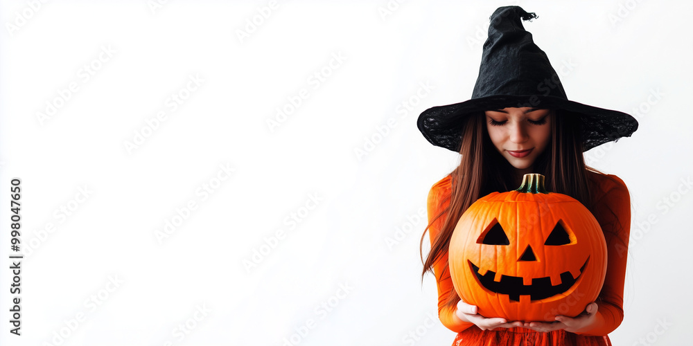 Fototapeta premium Ragazza con in mano una zucca di Halloween. Spazio per testo o messaggio.