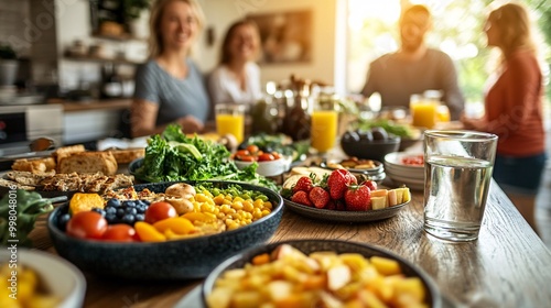 A family enjoying a healthy breakfast together at home with colorful fruits and vegetables on the table symbolizing shared meals and the importance of nutrition Large space for text in center Stock