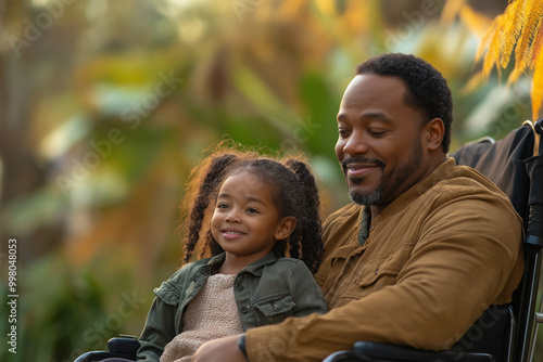 Joyful Black African American father in a wheelchair spending quality time with his daughter.