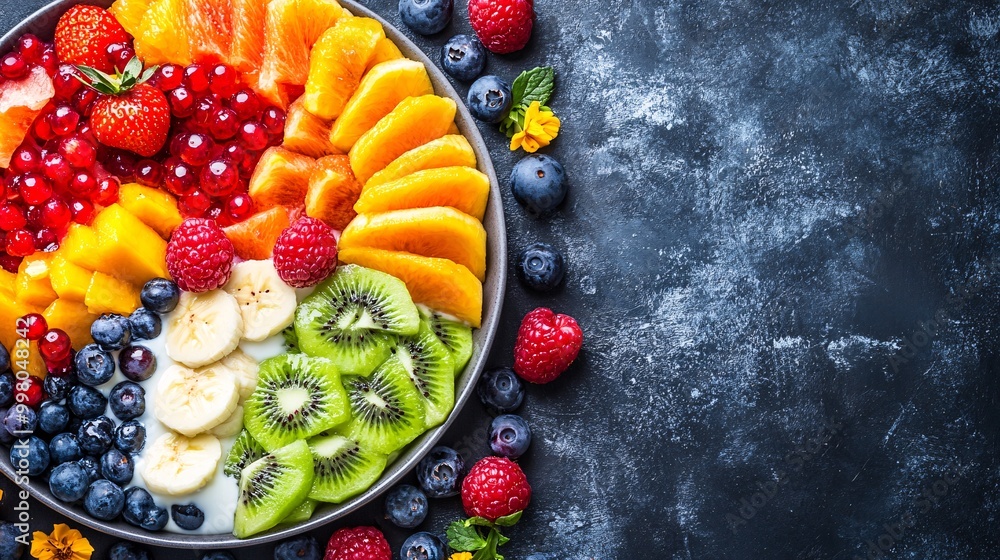 A close-up of a colorful fruit bowl with fresh berries nuts and yogurt representing a balanced nutritious breakfast for energy and health Large space for text in center Stock Photo with copy space A close-up of a colorful fruit bowl with fresh berries nuts and yogurt representing a balanced nutritious breakfast for energy and health Large space for text in center Stock Photo with copy space