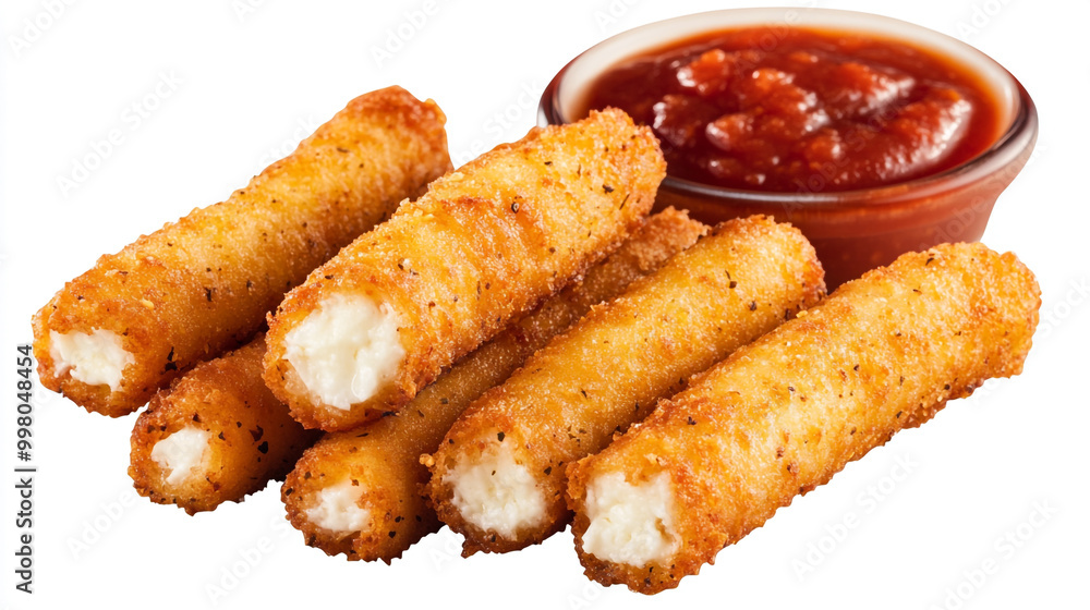 Savory mozzarella sticks served with marinara sauce on a white background Savory mozzarella sticks served with marinara sauce on a white background