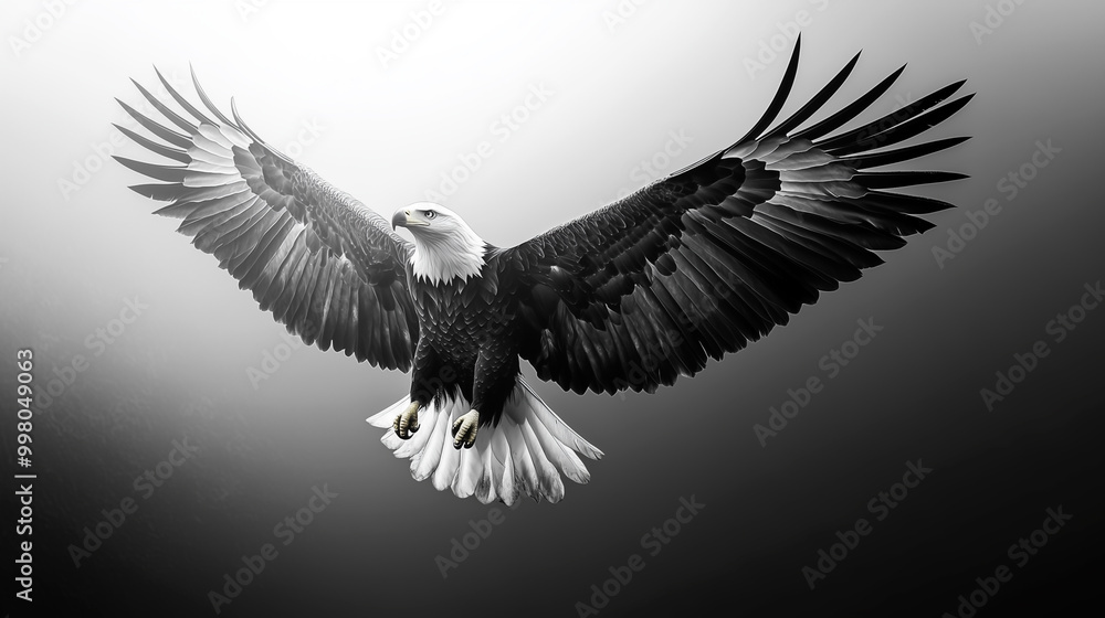 Fototapeta premium A black and white watercolor painting of an American bald eagle in flight spread wings on white background.