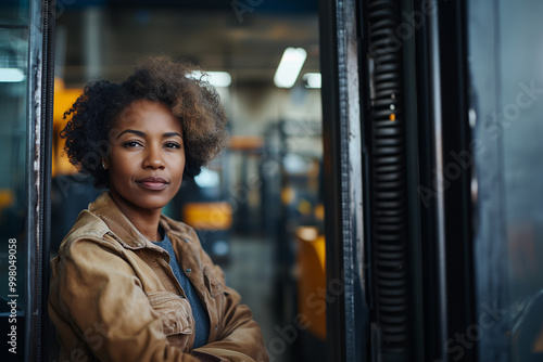 African American woman operating a forklift in an industrial production factory warehouse, showcasing a Black female working in a traditionally masculine job.