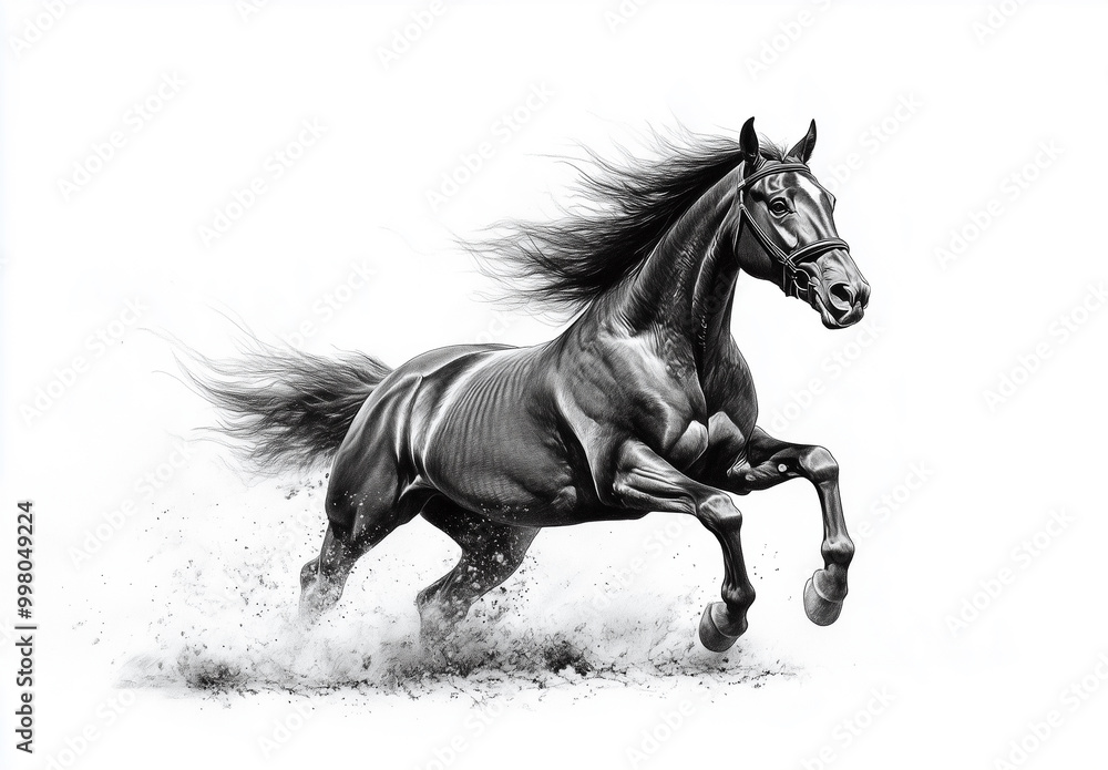 A dynamic black-and-white illustration of a powerful horse in full gallop, kicking up dust behind it A dynamic black-and-white illustration of a powerful horse in full gallop, kicking up dust behind it