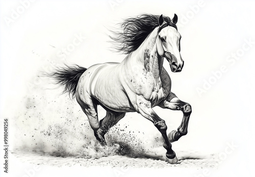 A dynamic black-and-white illustration of a powerful horse in full gallop, kicking up dust behind it photo