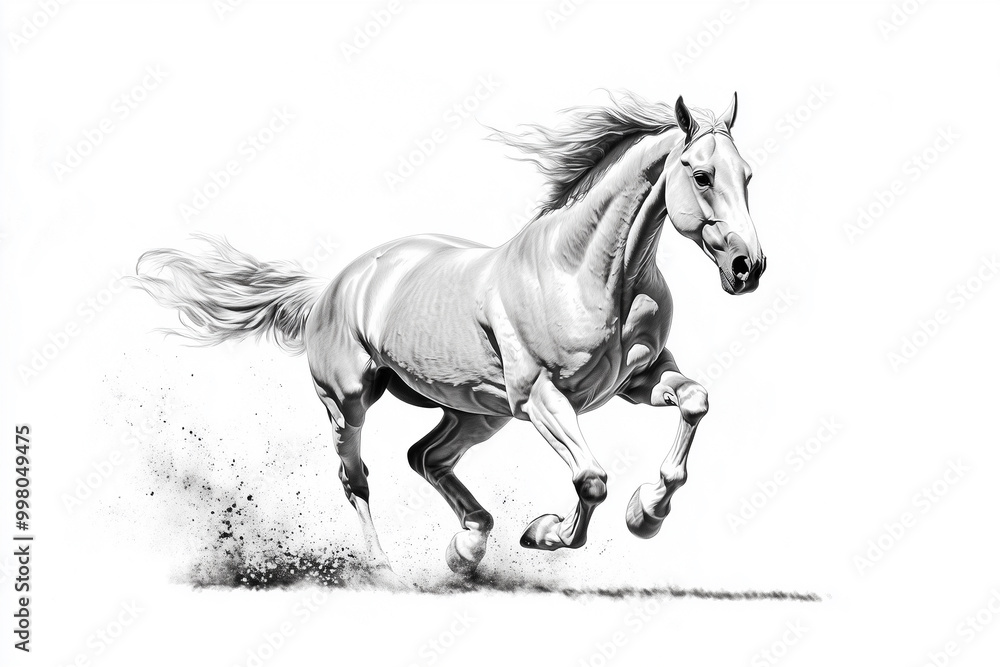 A dynamic black-and-white illustration of a powerful horse in full gallop, kicking up dust behind it A dynamic black-and-white illustration of a powerful horse in full gallop, kicking up dust behind it