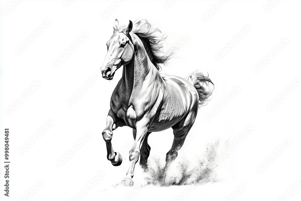 A dynamic black-and-white illustration of a powerful horse in full gallop, kicking up dust behind it A dynamic black-and-white illustration of a powerful horse in full gallop, kicking up dust behind it