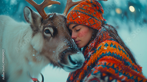 Sami Woman in Traditional Gákti with Reindeer in Snowy Landscape