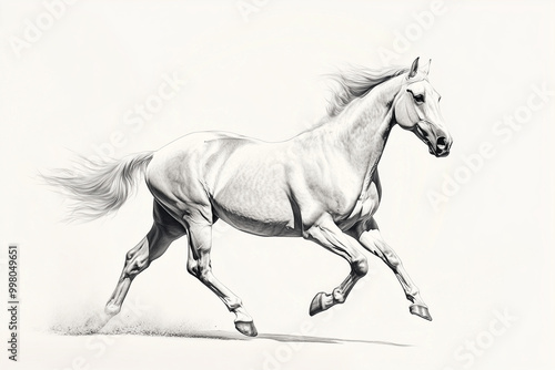 A dynamic black-and-white illustration of a powerful horse in full gallop, kicking up dust behind it photo