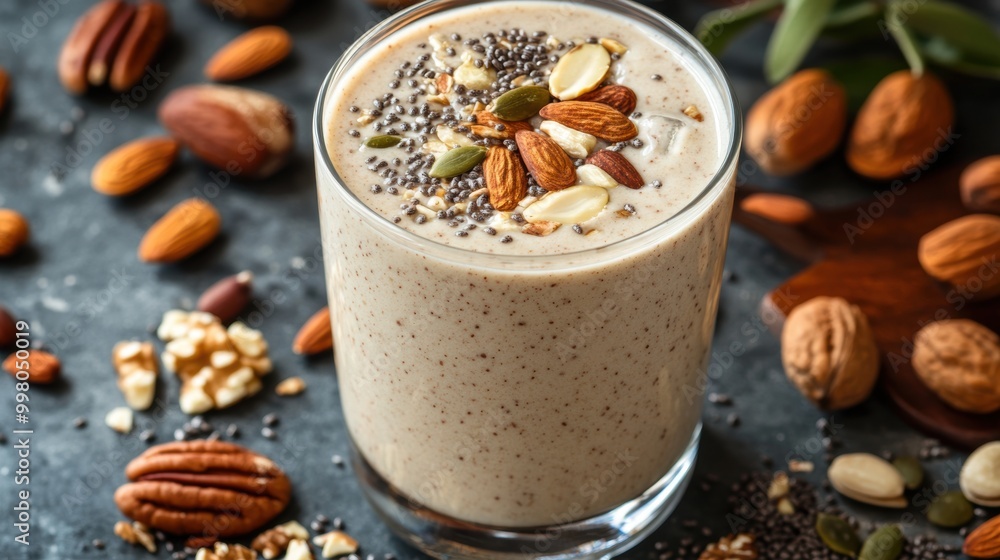 assorted nuts and seeds sprinkled near a glass of protein-packed smoothie, showcasing a healthy and nourishing drink idea assorted nuts and seeds sprinkled near a glass of protein-packed smoothie, showcasing a healthy and nourishing drink idea