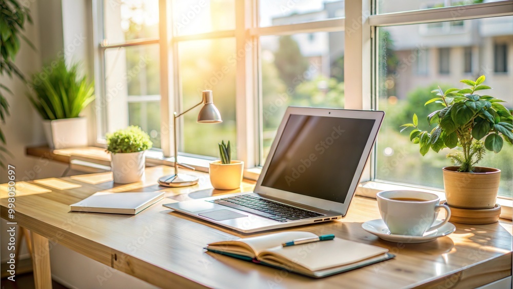 Bright home office workspace with laptop, notebook, and plants by the window for productivity and inspiration Bright home office workspace with laptop, notebook, and plants by the window for productivity and inspiration