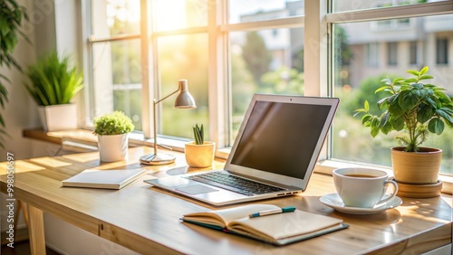 Wallpaper Mural Bright home office workspace with laptop, notebook, and plants by the window for productivity and inspiration Torontodigital.ca