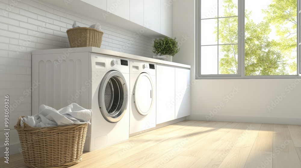 A bright laundry room showcases built-in washing and drying machines alongside sleek white cabinets and a basket of fresh laundry. Generative AI A bright laundry room showcases built-in washing and drying machines alongside sleek white cabinets and a basket of fresh laundry. Generative AI