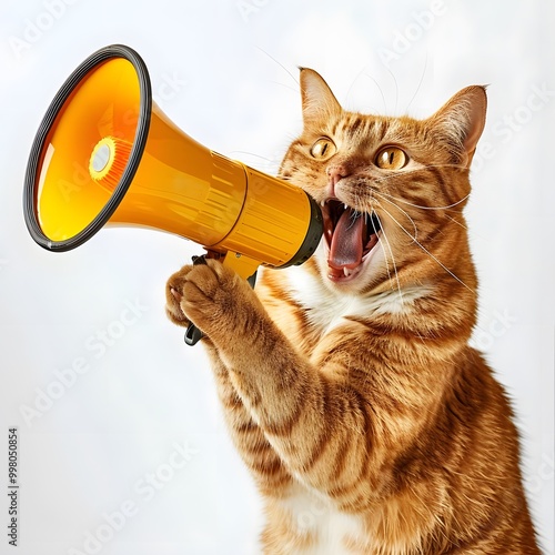 orange cat yells at the gramophone