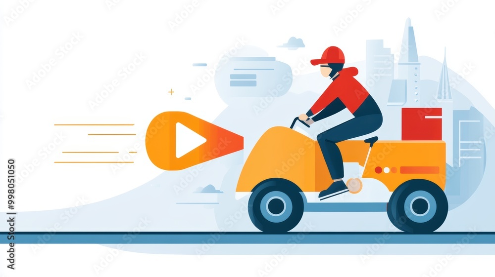 Naklejka premium Illustration of fast delivery service with a courier riding a scooter, set against an urban background emphasizing speed and efficiency.