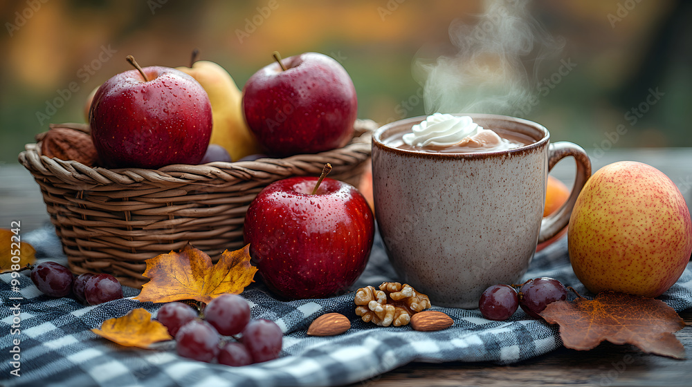 Cozy Autumn Picnic with Hot Drink and Delicious Apricots Cozy Autumn Picnic with Hot Drink and Delicious Apricots
