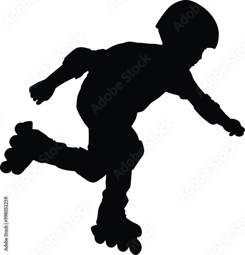 Hand drawn toddler roller skating silhouette. Kids playing outdoor activity full body illustration