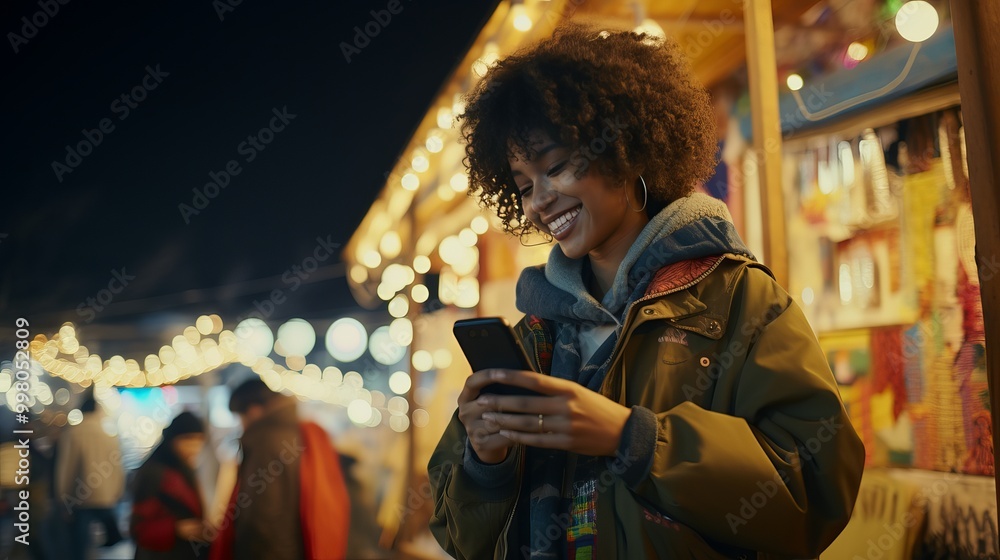 Young woman enjoying a festive evening while texting at a vibrant holiday market Young woman enjoying a festive evening while texting at a vibrant holiday market