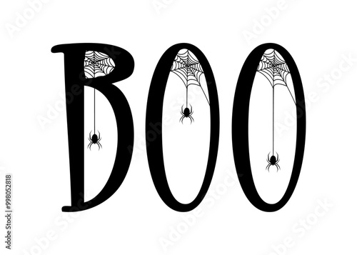Logo con palabra BOO con letras con tela de araña y araña colgando para tarjetas y felicitaciones de Halloween