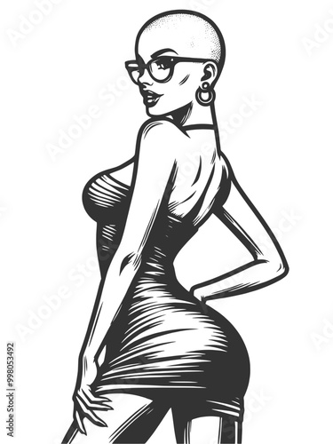 bald woman in glasses, fitted dress, alternative beauty sketch engraving generative ai fictional character vector illustration. Scratch board imitation. Black and white image.