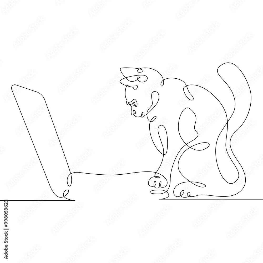 Obraz premium Cat with a desktop computer, a laptop with a pet.One continuous line.Cat logo.One continuous drawing line logo isolated minimal illustration.