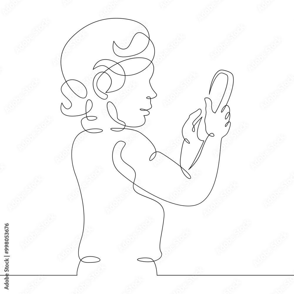 One continuous line.Kid with smartphone.Child playing with the phone. Children's gadget.One continuous drawing line logo isolated minimal illustration. One continuous line.Kid with smartphone.Child playing with the phone. Children's gadget.One continuous drawing line logo isolated minimal illustration.
