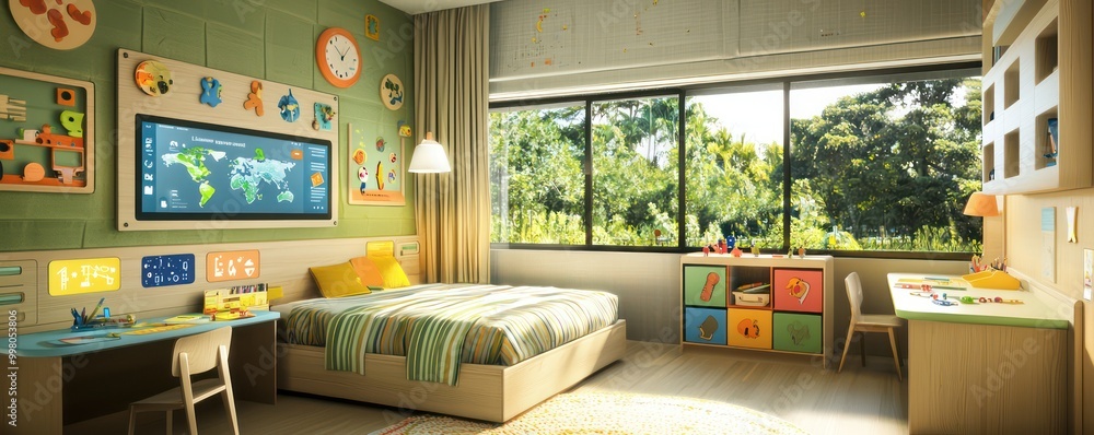A children's bedroom with adaptive learning environments that adjust based on the child's educational needs and preferences, including smart desks and interactive walls A children's bedroom with adaptive learning environments that adjust based on the child's educational needs and preferences, including smart desks and interactive walls