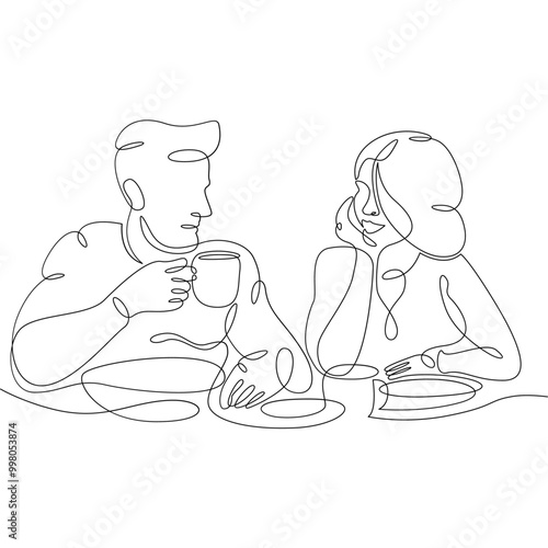 Young loving couple in a cafe. A woman and a man sit for coffee and food. One continuous line .One continuous drawing line logo isolated minimal illustration.
