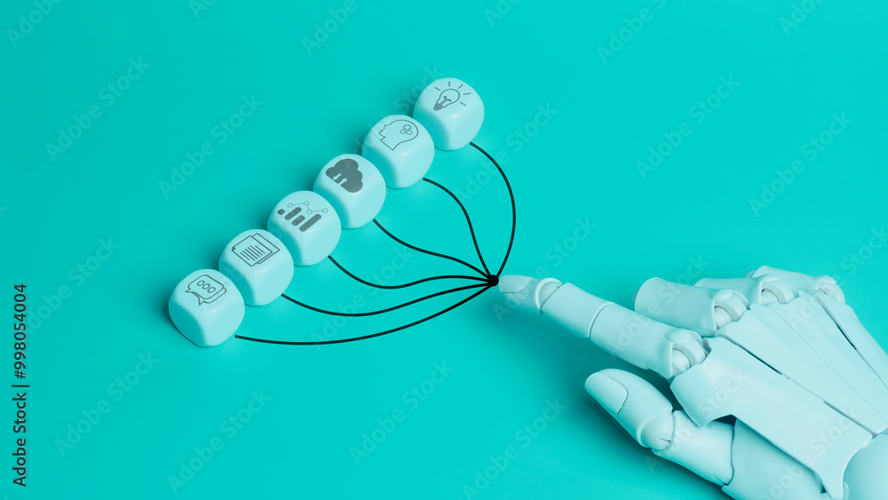 Automation Artificial Intelligence (AI) connection a data analyst technology for working for data analysis online Chatbot, technology smart brain robot AI.