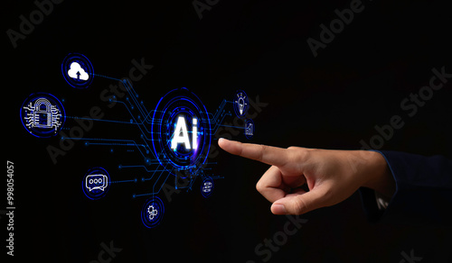 Obraz na płótnie Artificial Intelligence ( Ai ). businessman using technology smart robot AI, artificial intelligence command prompt for generates strategy and analysis, Futuristic business transformation. w salonie