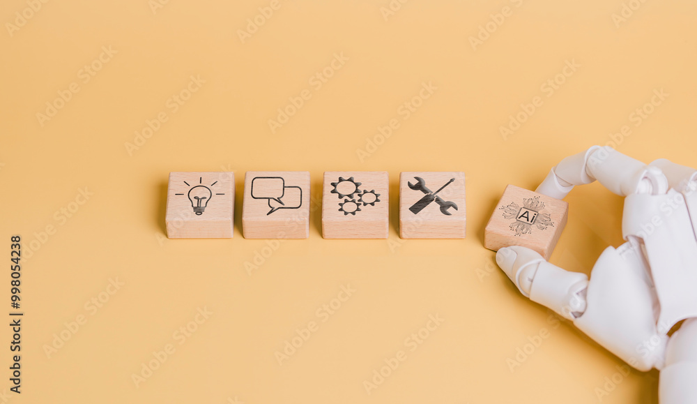 Robot hand holding AI icon, concept of working and helping humans to develop business and create new things, prompting command to create something, future technology