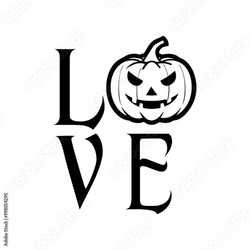 Logo con palabra LOVE con calabaza de Halloween con cara tallada en lugar de letra O para felicitaciones y tarjetas