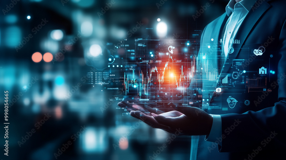 Obraz premium Businessman in Suit Holding Glowing Digital Screen with Rising Graph, Representing Healthcare Investment Growth Against a Background of Financial Charts and Medical Icons