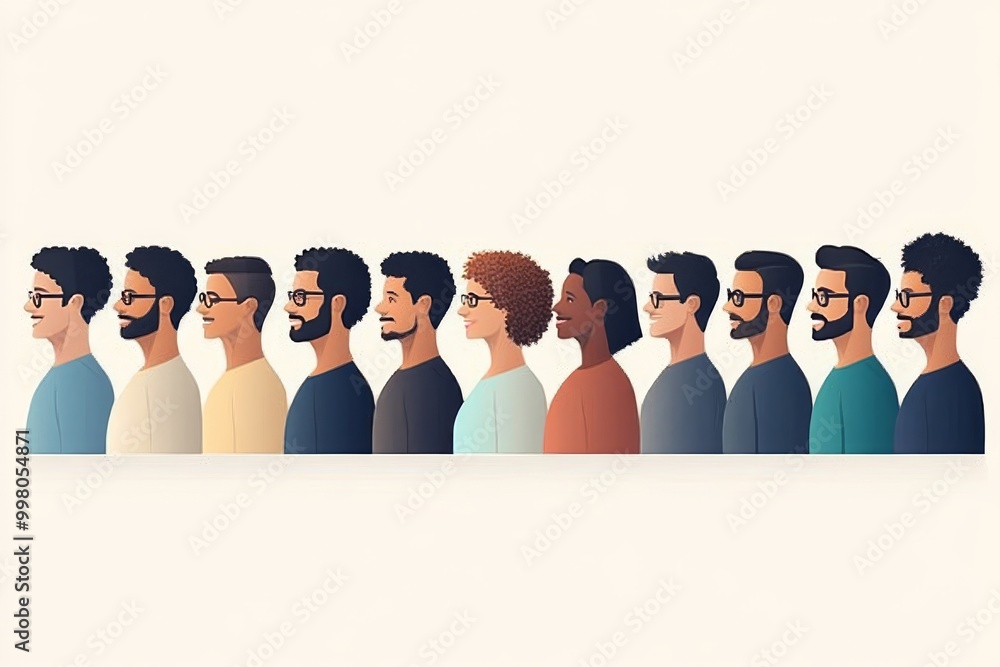 Minimalist side profile portrait of diverse individuals standing in a line symbolizing unity individuality and strength in a clean modern design Minimalist side profile portrait of diverse individuals standing in a line symbolizing unity individuality and strength in a clean modern design
