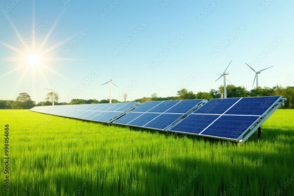 Solar panels array on the grass under beautiful cloudy sunny sky, concept clean energy source, generative AI Solar panels array on the grass under beautiful cloudy sunny sky, concept clean energy source, generative AI