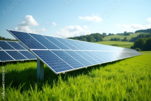 Solar panels array on the grass under beautiful cloudy sunny sky, concept clean energy source. Generative AI