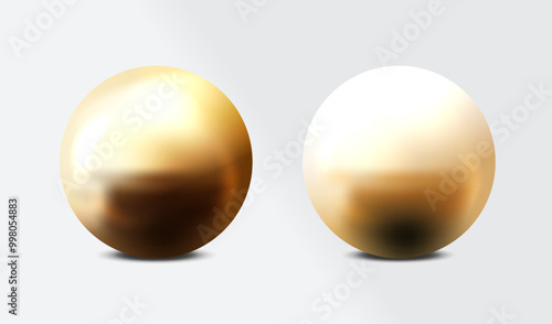 Realistic 3D two golden spheres with reflective. Isolated gold christmas balls on a white background. Holiday decoration vector design.
