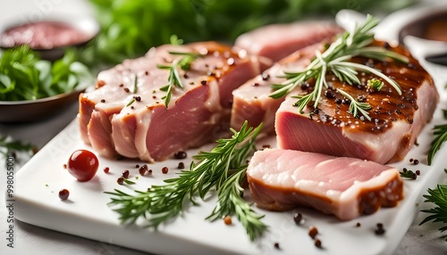 Raw Pork Loin chops on a cutting board with herbs, rosemary, thyme, chilli, salt, pepper on white cutting board. 