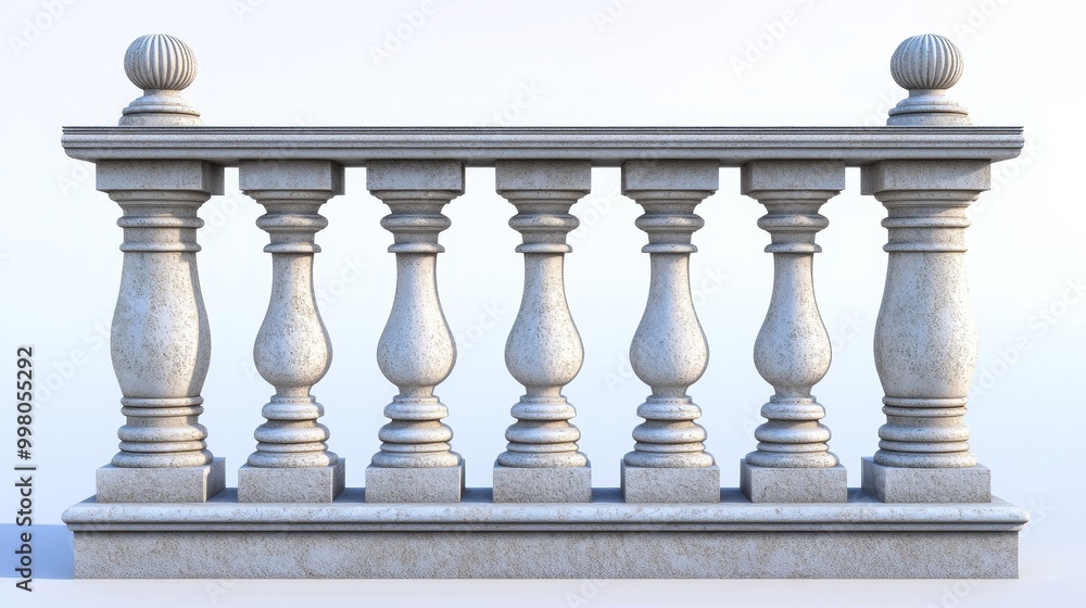 Fototapeta premium Balustrade elements in 3D: stone pillars, columns, balusters, handrails, and bases for classic fences on balconies, terraces, and parapets.