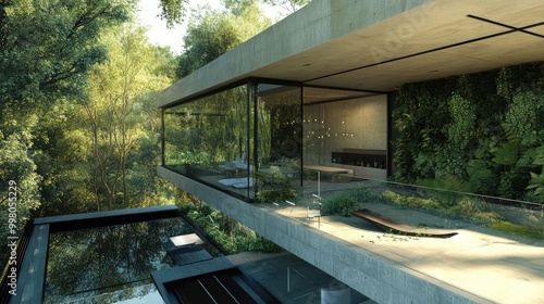 Sleek modern house with rooftop garden enclosed by oxygen tubes, 3D forest wall panel and large glass windows showcasing futuristic, sustainable design