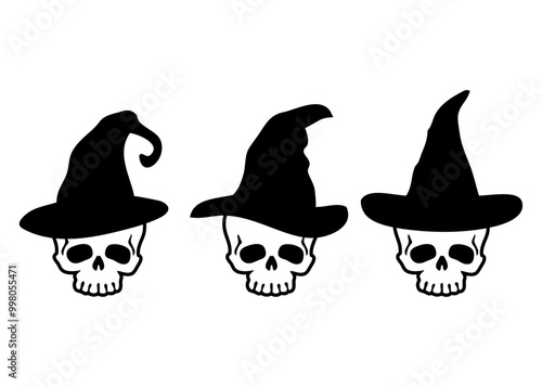 Set de siluetas de sombrero de bruja con calavera humana para felicitaciones y tarjetas de Halloween	