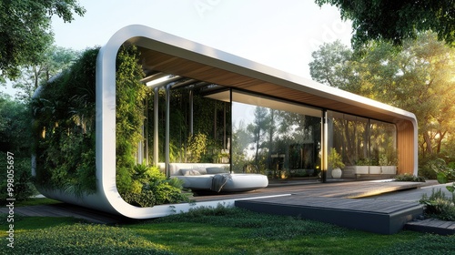 Sleek modern house with rooftop garden enclosed by oxygen tubes, 3D forest wall panel and large glass windows showcasing futuristic, sustainable design photo